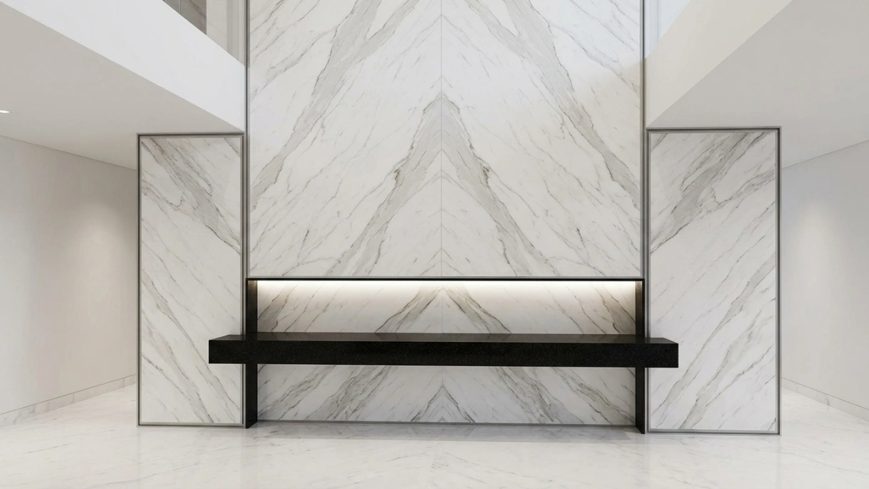 Contemporary penthouse entrance with Calacatta stone wall cladding, LED uplighting, and black granite console shelf in Palm Jumeirah Dubai by Karnak Carpentry