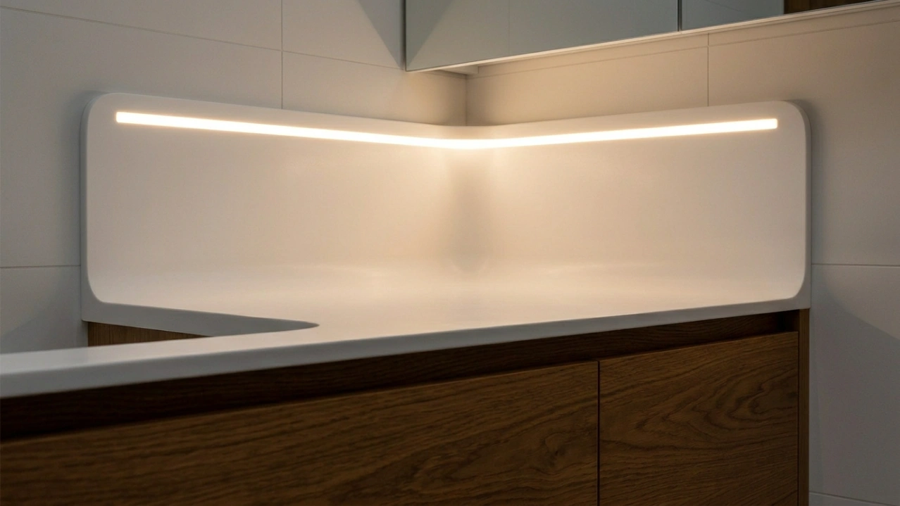 Seamless thermoformed Corian countertop with integral curved backsplash and oak vanity cabinet in a UAE villa bathroom by Karnak Carpentry