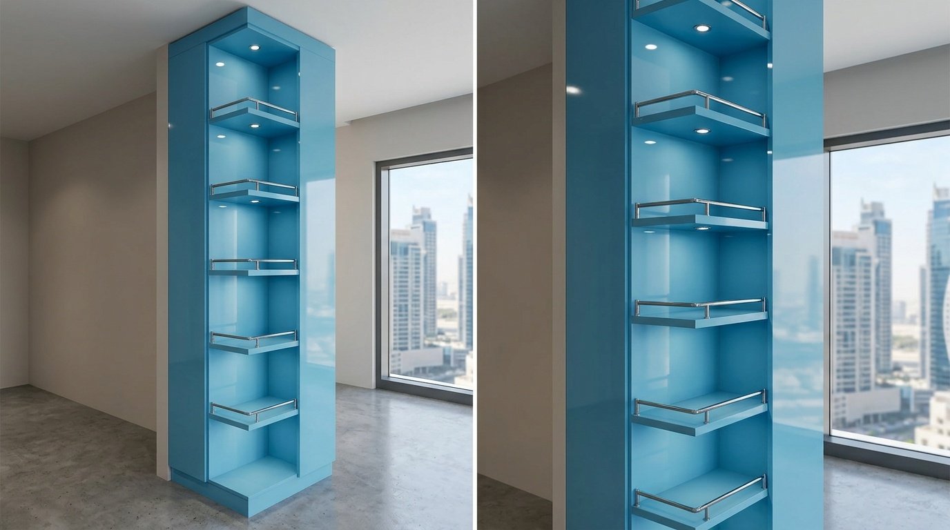 Custom built-in corner display tower in gloss ice-blue lacquer with chrome shelf supports in Business Bay Dubai apartment