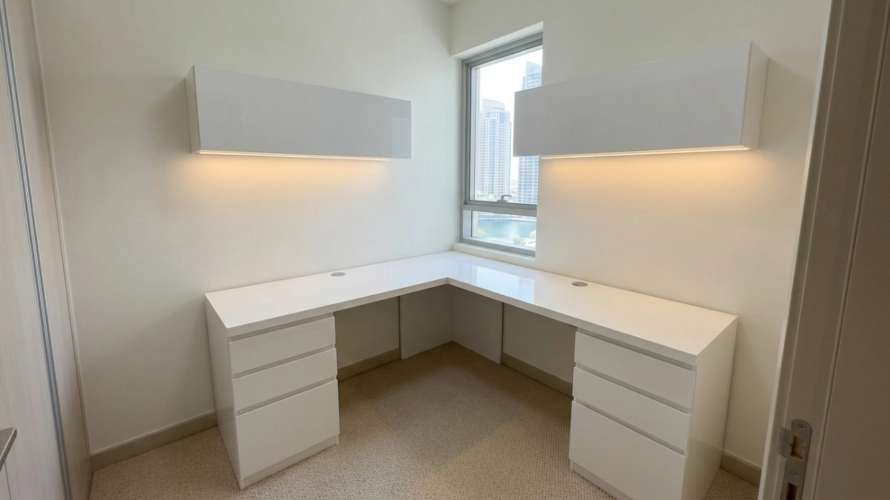 Custom built-in L-shaped corner desk unit in gloss white with pedestal drawers in JLT Dubai apartment study