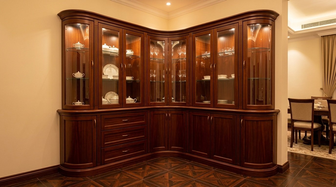 Built-in corner mahogany dining hutch with curved glass doors in Deira Dubai villa by Karnak Carpentry