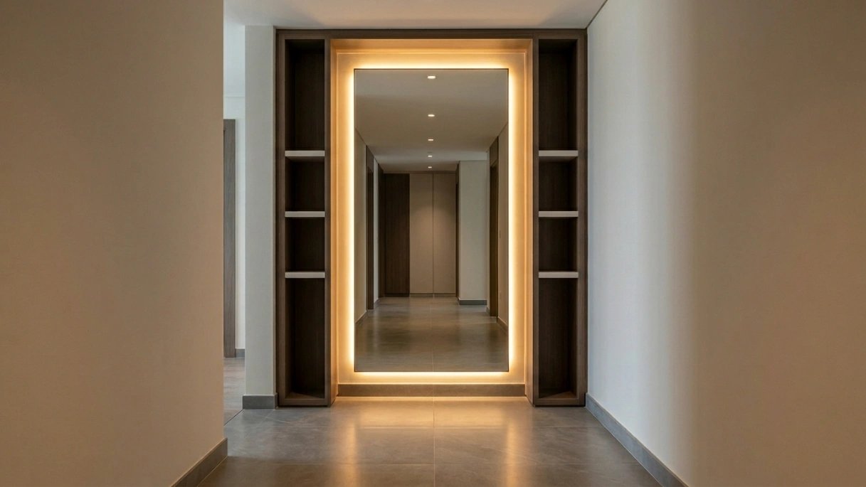 Custom built-in corridor mirror panel with LED halo and flanking shelf columns in Reem Island Abu Dhabi villa