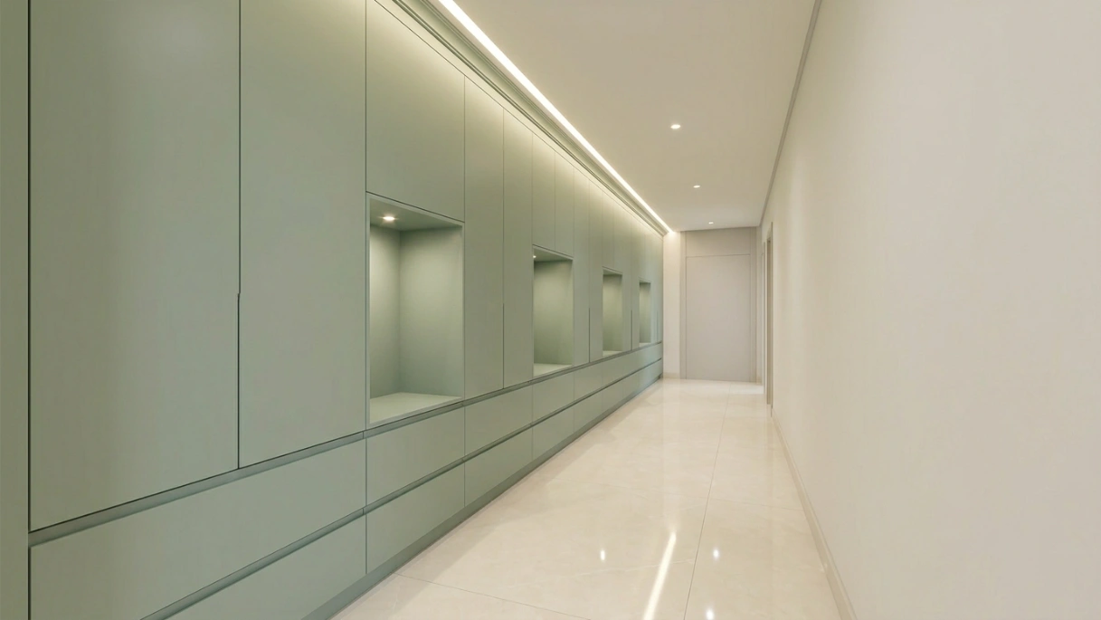 Full-length corridor storage in sage green marine lacquer with display niches and LED cornice lighting in an Abu Dhabi townhouse by Karnak Carpentry