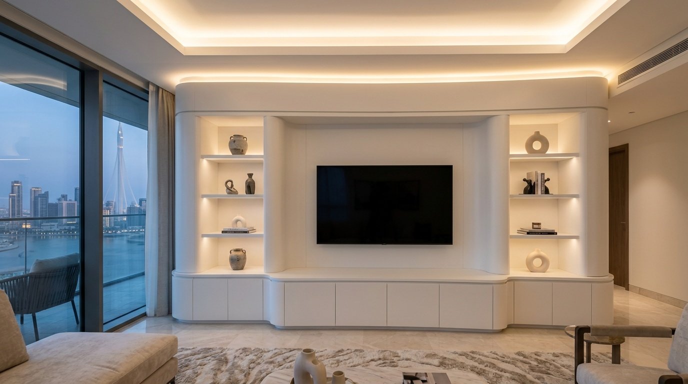 Custom built-in curved TV and display wall unit in matte white lacquer with LED cornice in Dubai Creek Harbour apartment