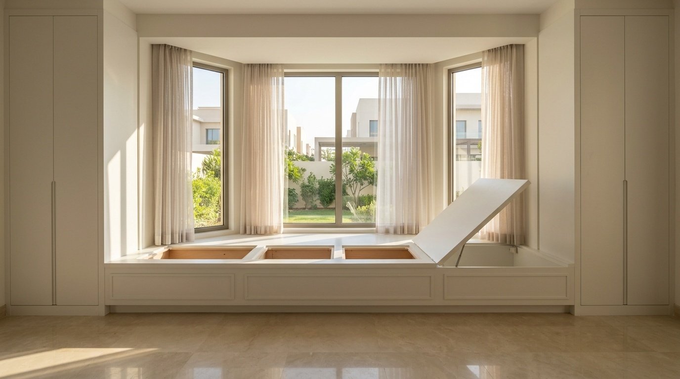 Custom bay window seat with lift-top storage and flanking built-in cabinet towers in an Abu Dhabi villa living room by Karnak Carpentry