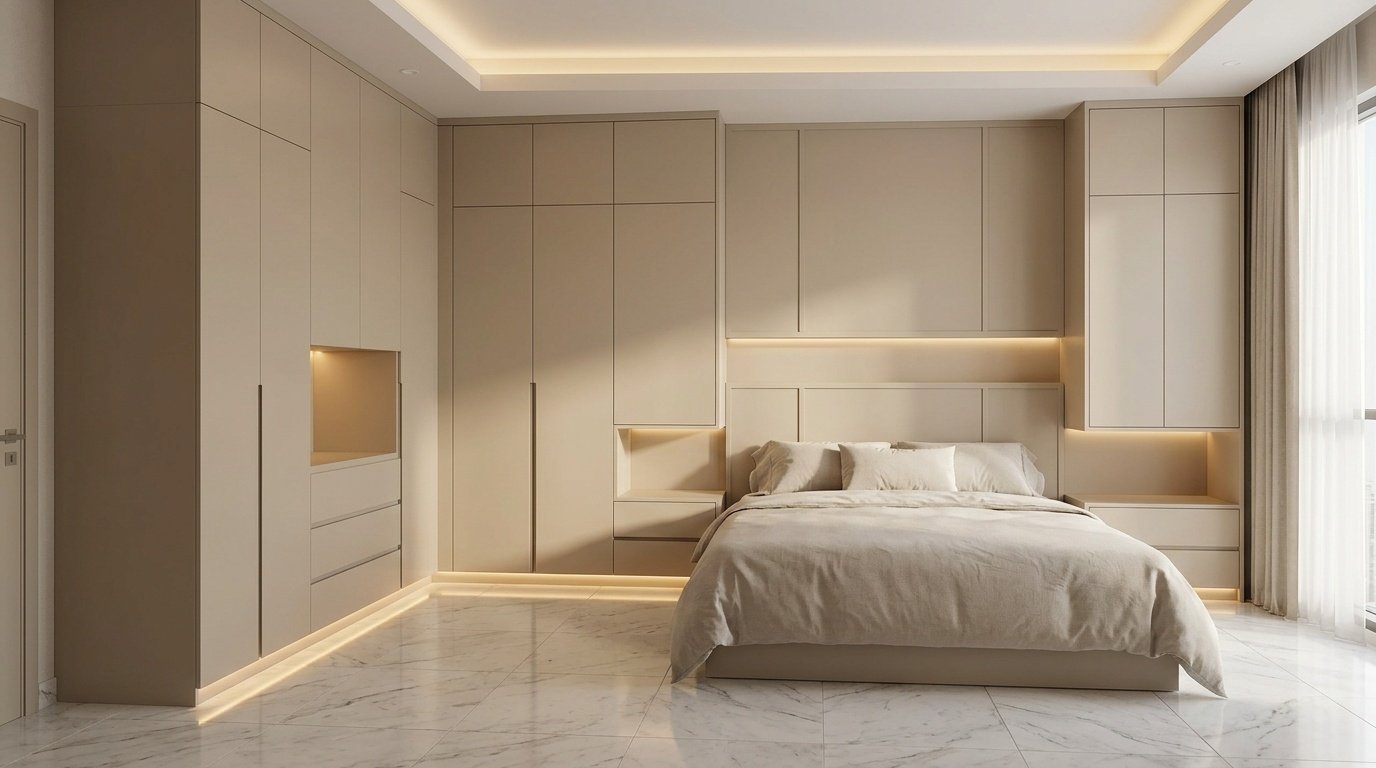 custom bedroom carpentry Dubai built-in wardrobes and wall paneling UAE home