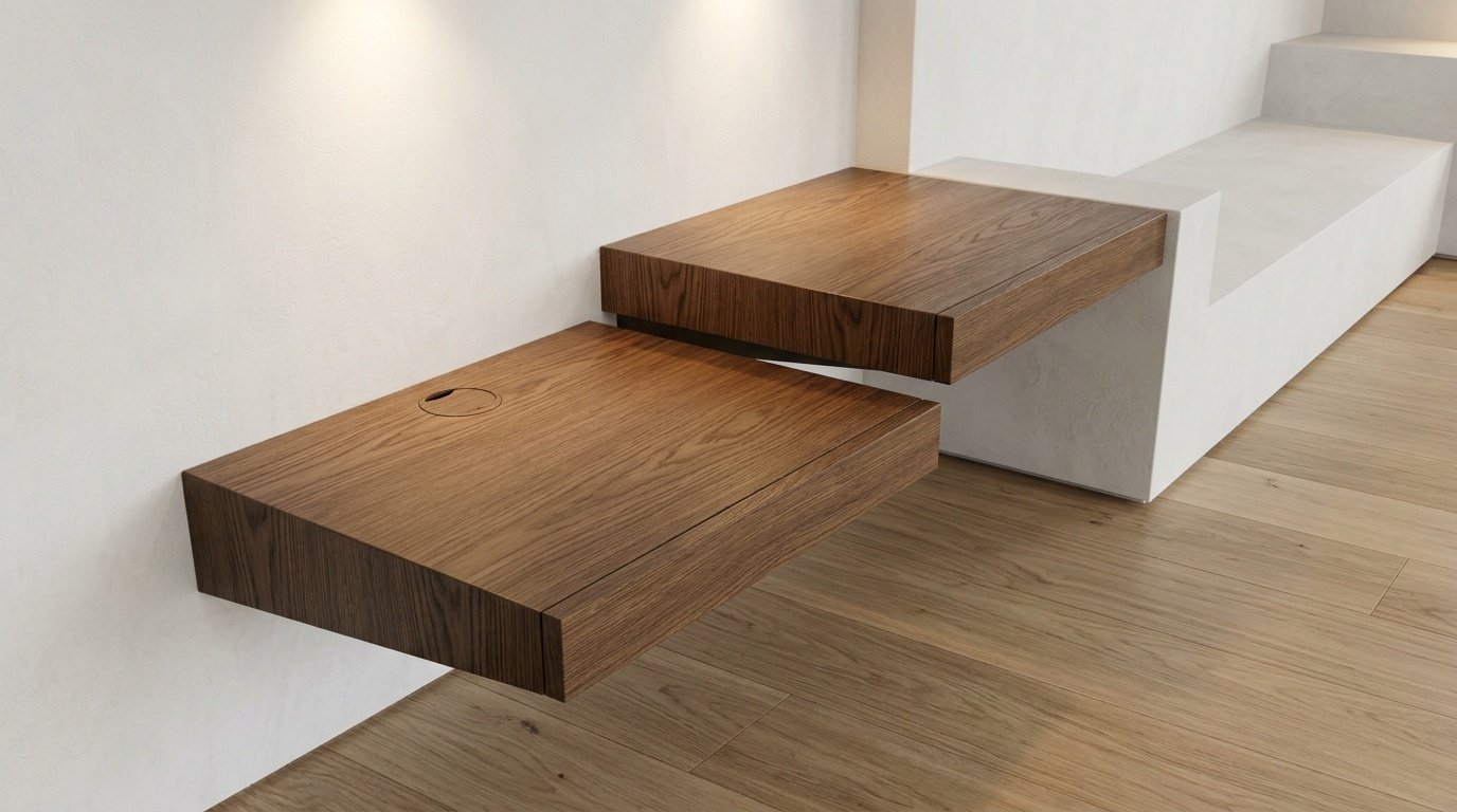 Custom wall-anchored smoked oak side table ledges with integrated wireless charging recess in a Dubai apartment living room by Karnak Carpentry