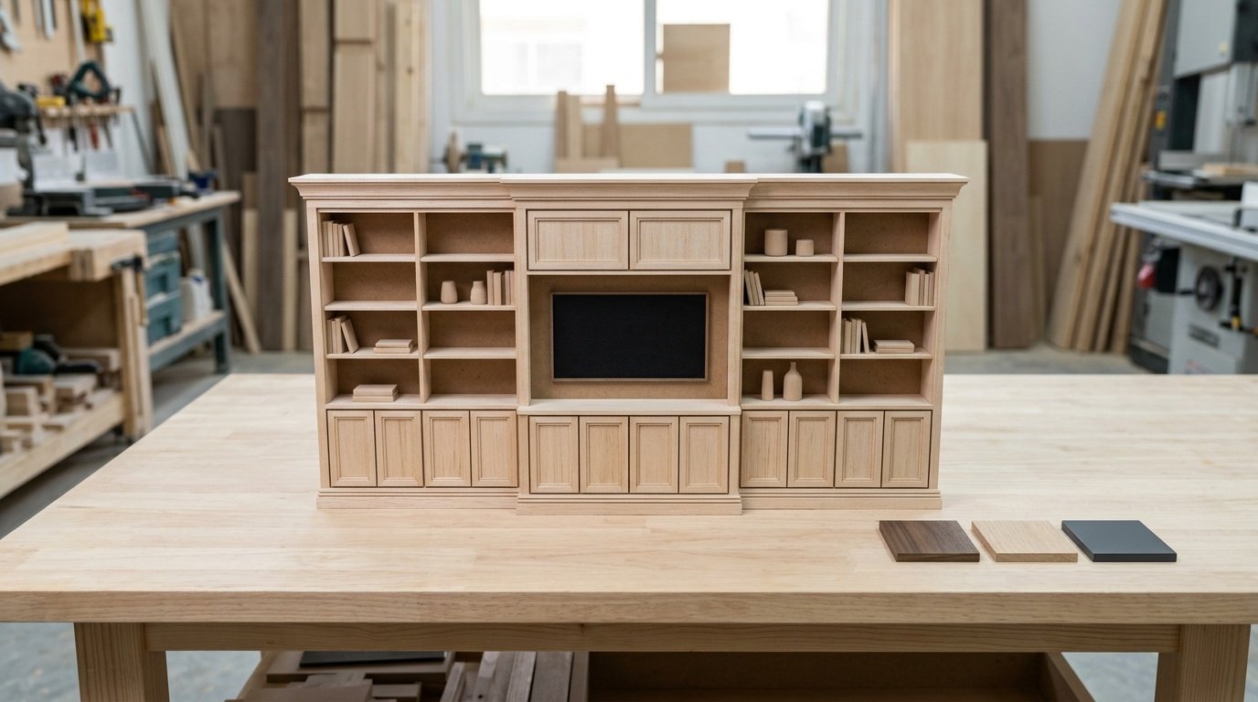 Physical 1:10 scale timber model of a living room entertainment wall unit with veneer samples in a UAE carpentry design studio by Karnak Carpentry