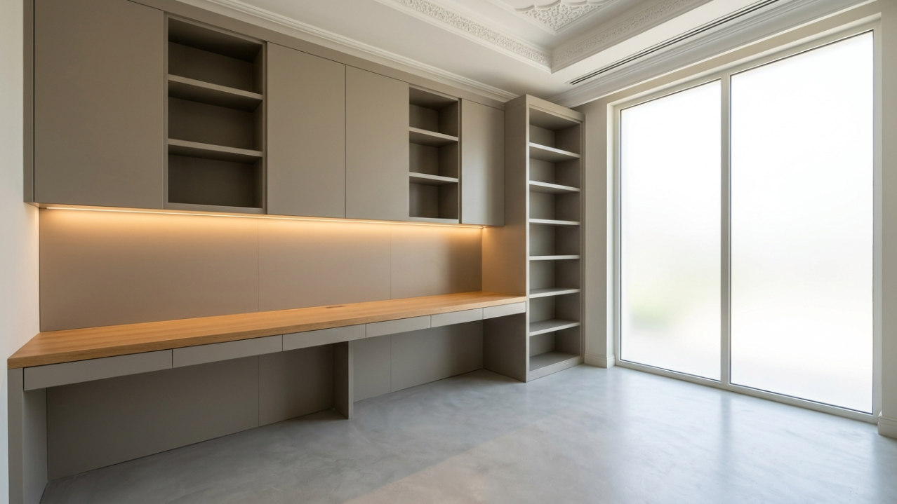Custom full-wall built-in desk and shelving system with integrated LED task lighting in a Dubai villa home office by Karnak Carpentry