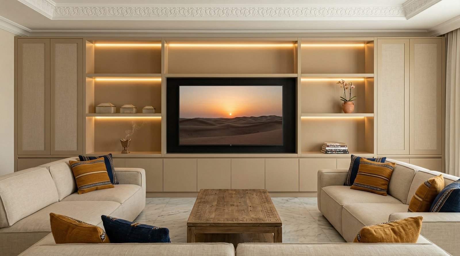 Custom floor-to-ceiling living room entertainment and display wall unit with LED lighting and concealed cabinets in a Dubai villa by Karnak Carpentry