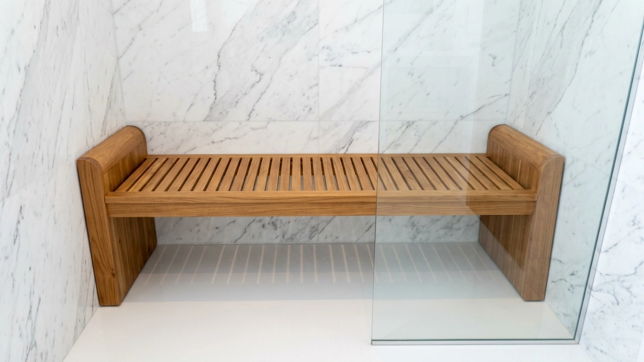Custom wall-to-wall solid teak slatted shower bench seat with drainage gaps and marine oil finish in a Dubai villa by Karnak Carpentry