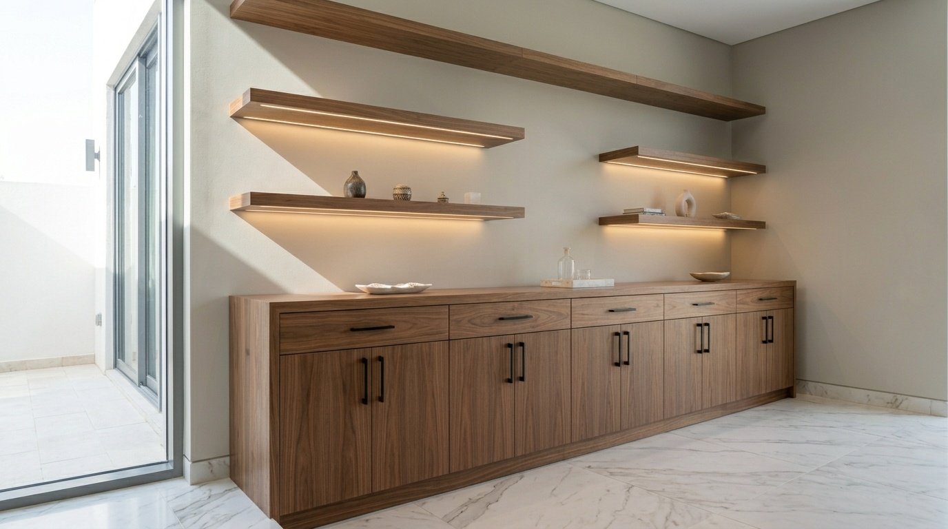 Custom built-in walnut buffet cabinet with LED shelving in Dubai villa dining room by Karnak Carpentry