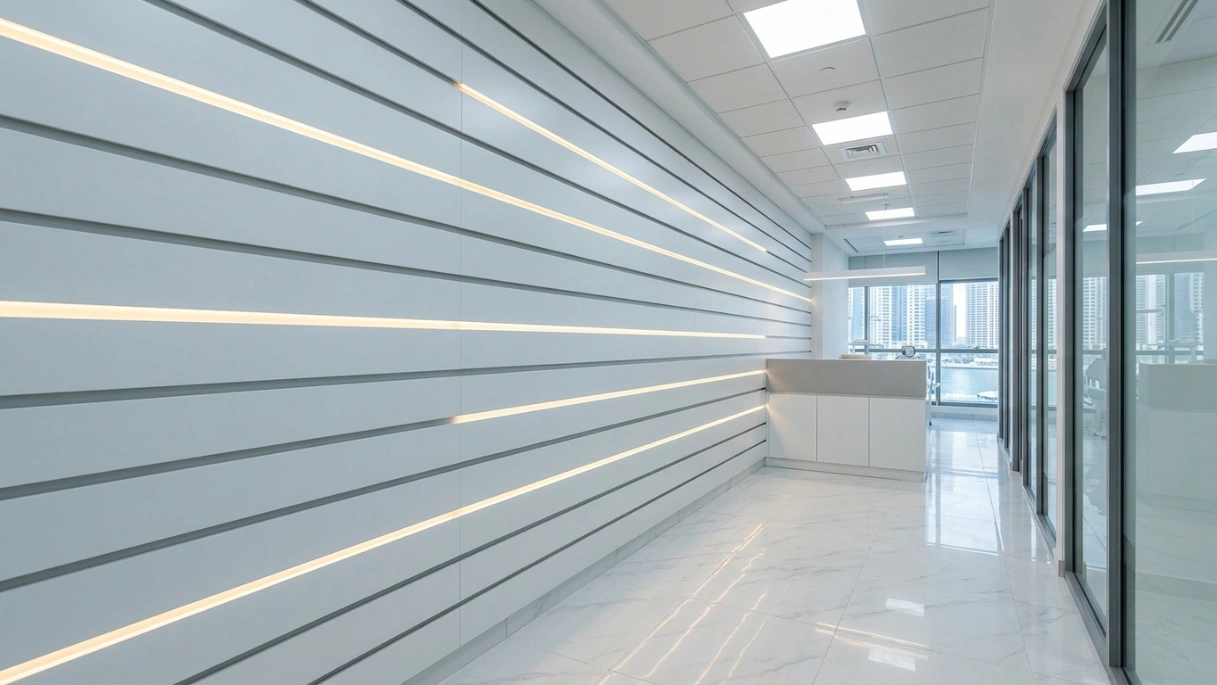 Professional dental clinic reception corridor with white lacquer shadow-gap wall panels and integrated LED lighting in Dubai Marina by Karnak Carpentry