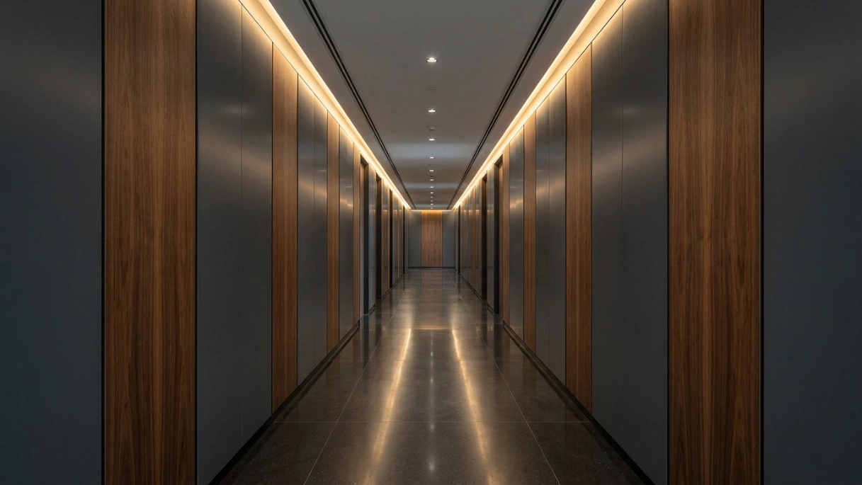 Executive floor corridor with charcoal lacquer and smoked walnut veneer panels with integrated LED shadow lighting in a DIFC Dubai office tower by Karnak Carpentry