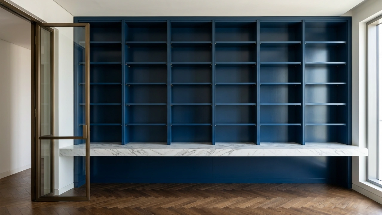 Floor-to-ceiling midnight blue fitted library shelving with Calacatta marble integrated desk in a DIFC Gate Building Dubai apartment by Karnak Carpentry