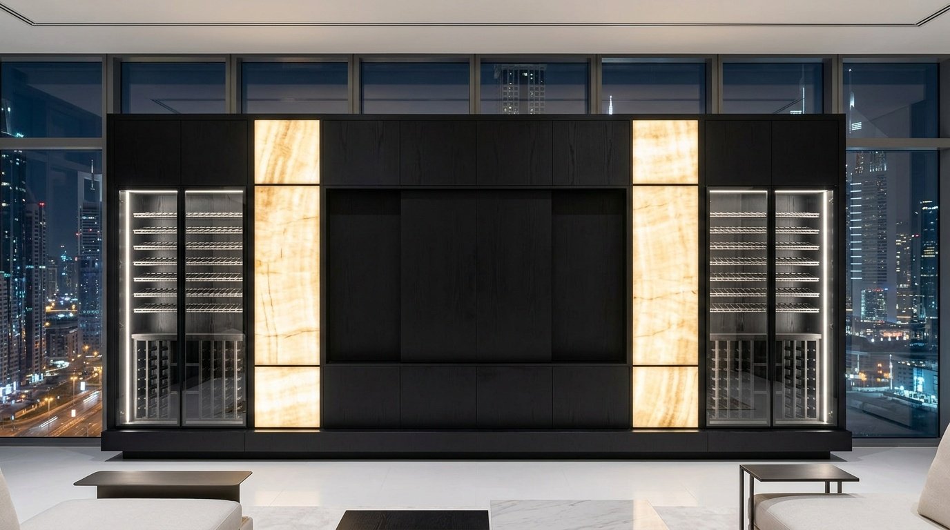 Ultra-luxury nero veneer entertainment wall with onyx backlit panels and integrated wine display in a DIFC Dubai penthouse by Karnak Carpentry