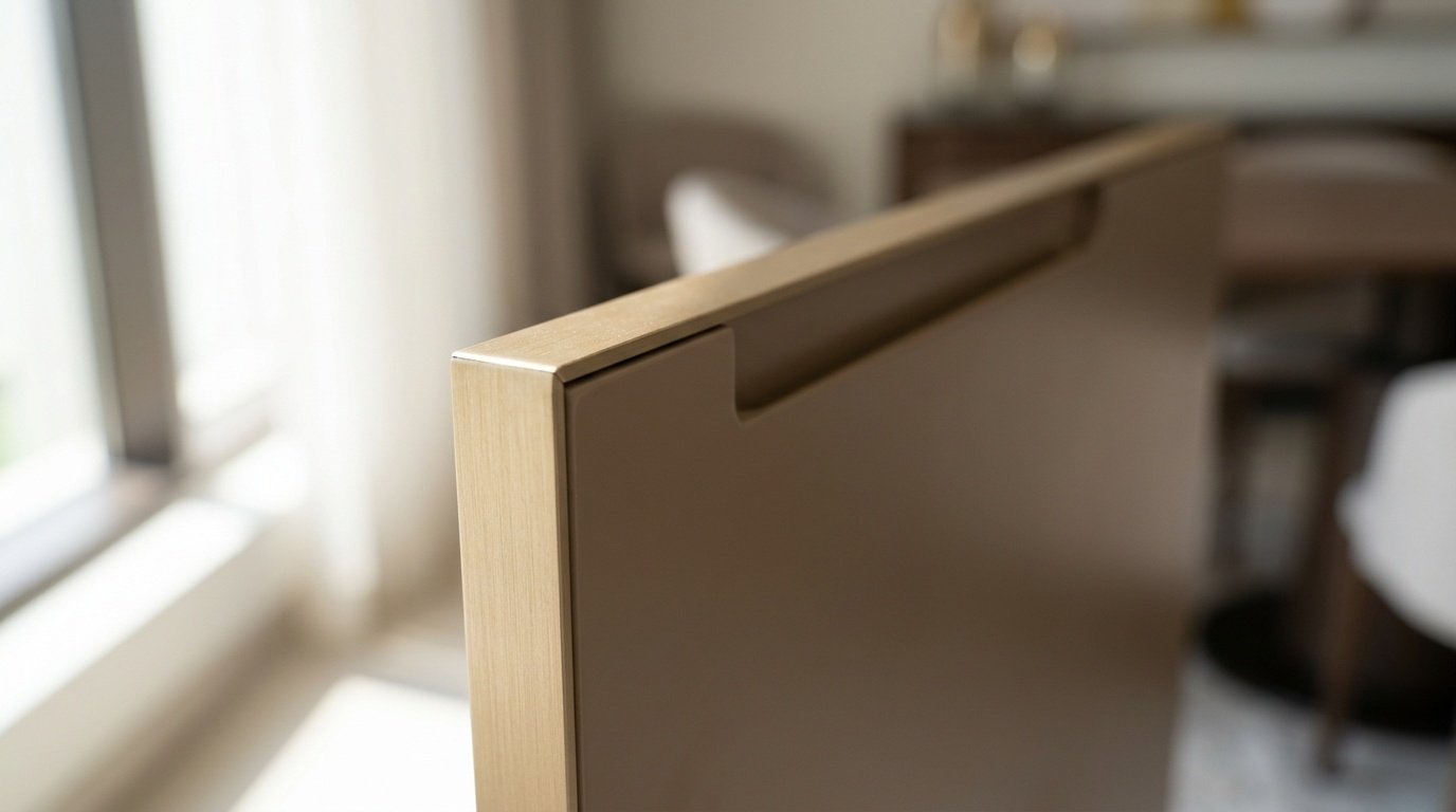 Close-up detail of aluminium edge profile and handle groove on custom dining cabinet in Dubai Hills villa