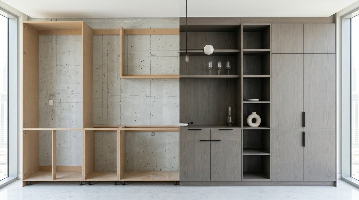 Before and after dining room cabinet wall installation transformation in Dubai apartment by Karnak Carpentry
