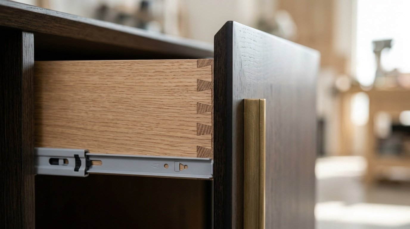 Close-up dovetail drawer joinery detail of custom dining sideboard with Blum hardware in Dubai project