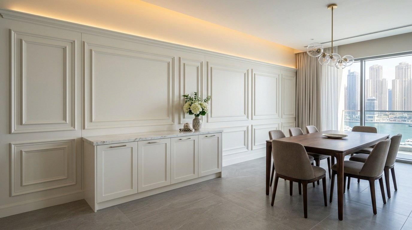 Custom MDF wainscoting panel wall with built-in credenza in Dubai apartment dining room by Karnak Carpentry