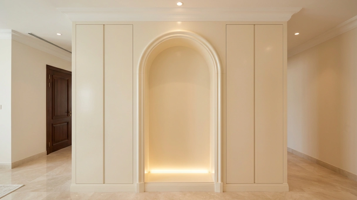 Custom built-in entryway feature wall with arched niche and ivory lacquer panelling in Khalifa City Abu Dhabi villa