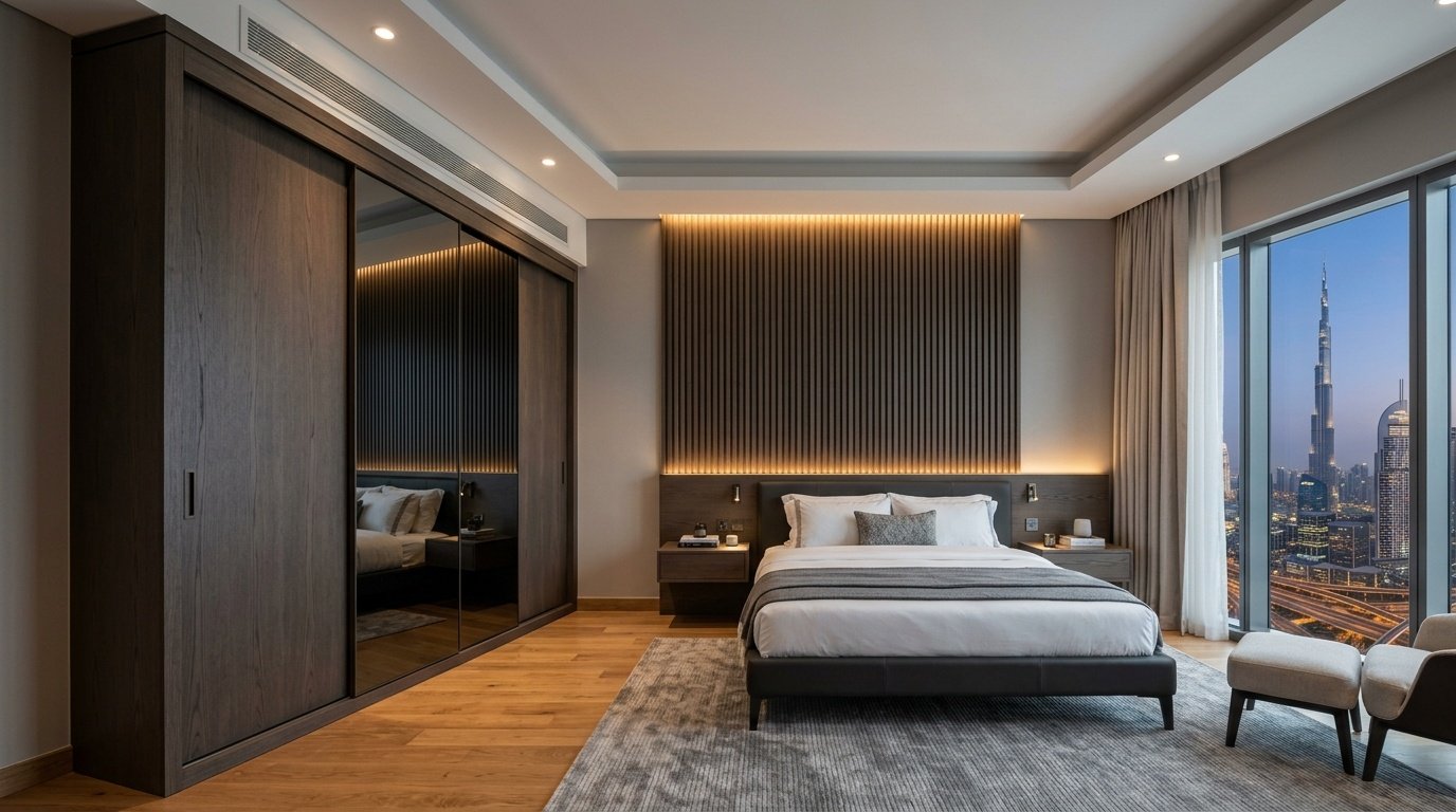 Smoked oak sliding built-in wardrobes with slatted wood paneling in Downtown Dubai bedroom
