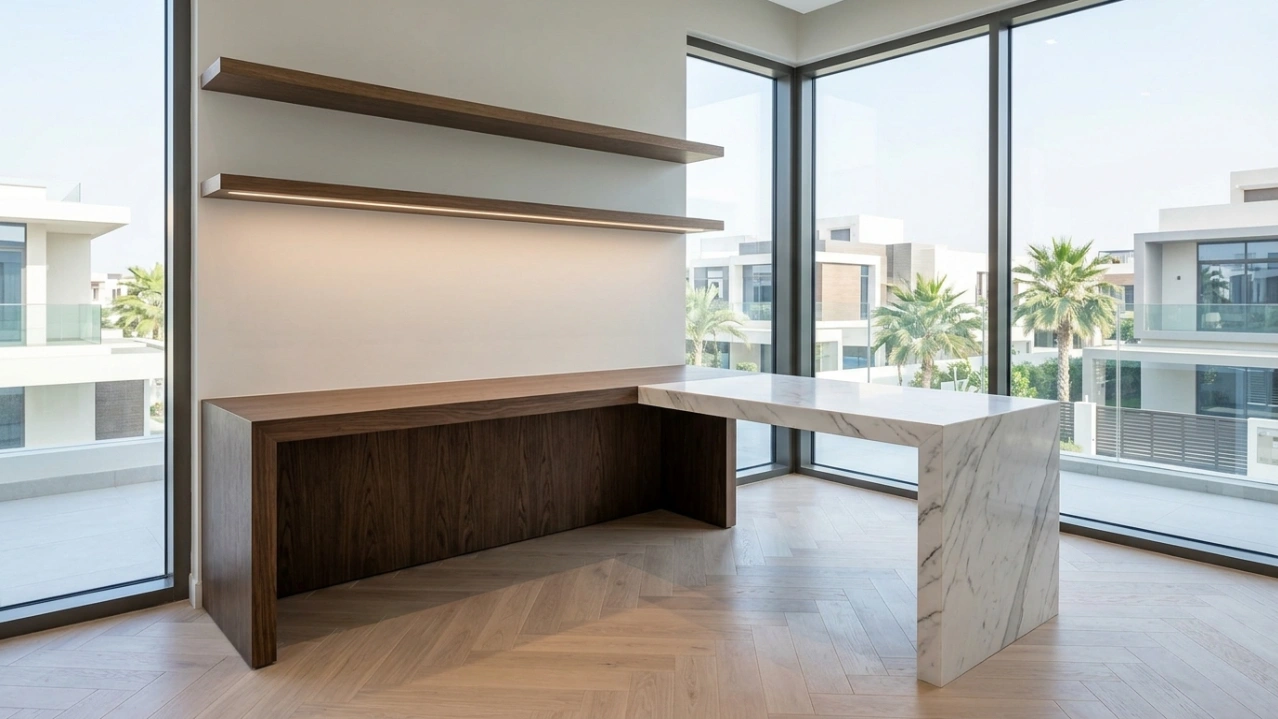 Innovative L-shaped home office desk with smoked oak and marble surfaces meeting in precision mitre in a Dubai villa by Karnak Carpentry