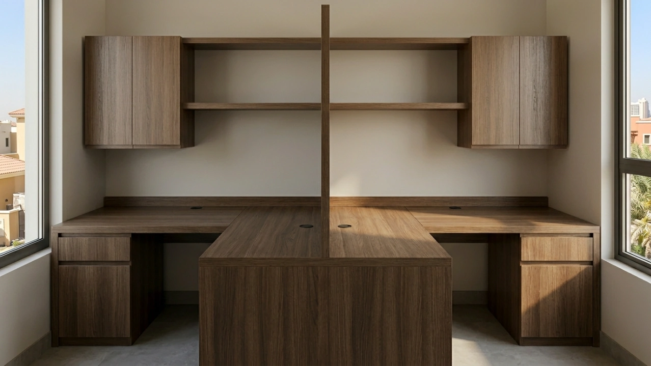 Custom built-in dual workstation home office desk in smoked oak veneer with central divider in Arabian Ranches Dubai villa