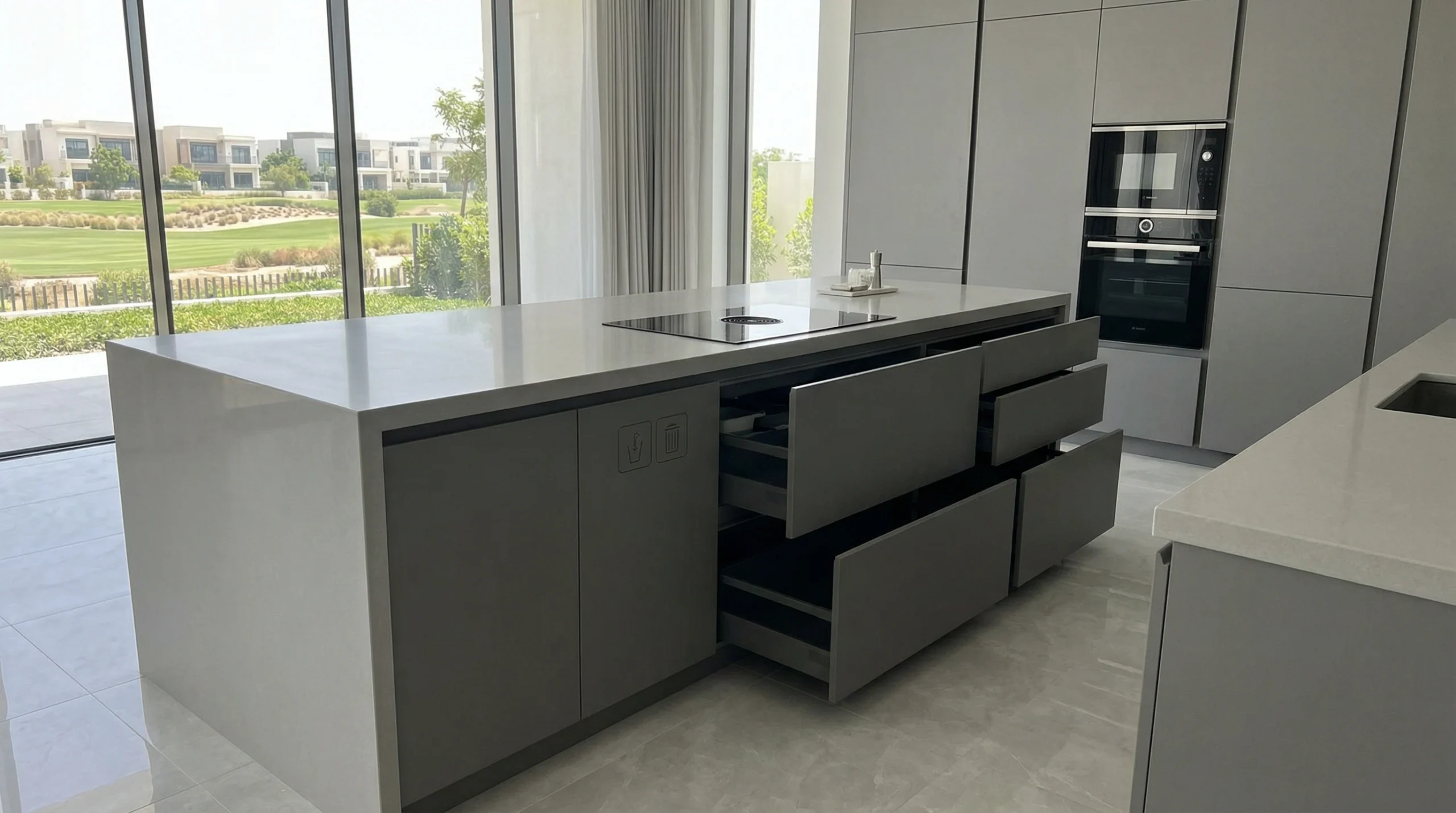 Matte grey kitchen cabinets with island storage in Dubai Hills villa UAE