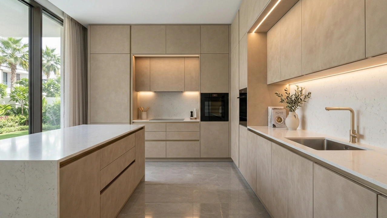 Taupe handleless kitchen cabinets with island storage in Dubai Hills UAE