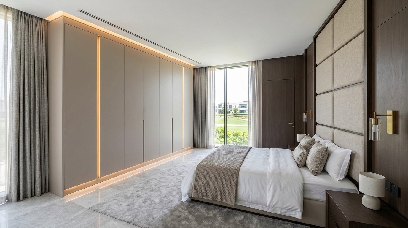 Taupe handleless wardrobes with custom headboard in Dubai Hills bedroom UAE