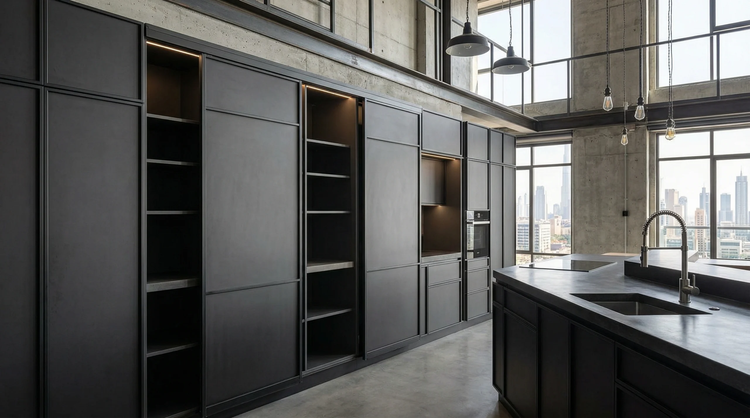 Industrial matte dark kitchen cabinets with metal accents in Dubai loft UAE