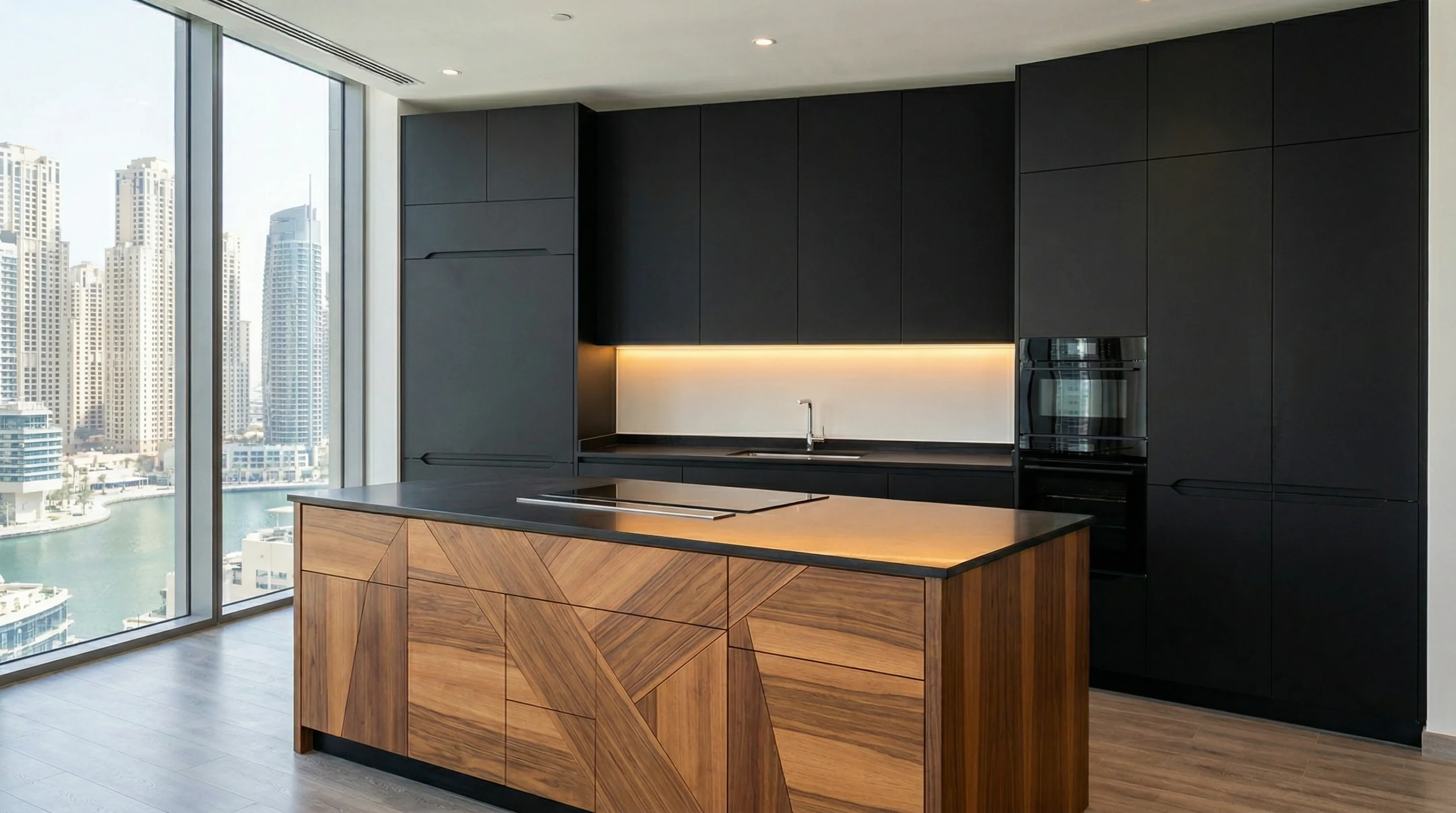 Matte black handleless kitchen cabinets with pantry units in Dubai Marina UAE