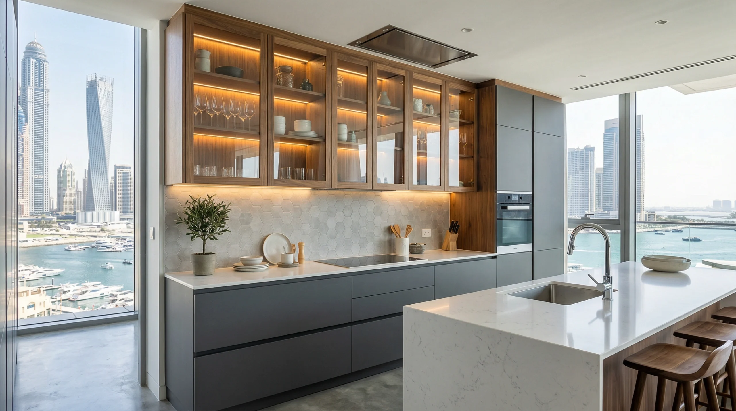 Glass front kitchen cabinets with LED lighting in Dubai Marina apartment UAE