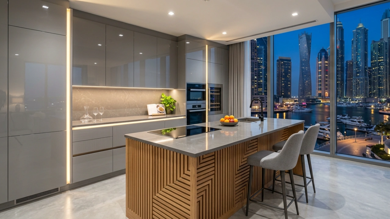 Gloss grey kitchen cabinets with LED lighting in Dubai Marina UAE