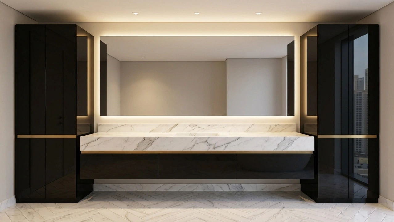 Luxury hotel suite bathroom with ebony gloss floating vanity, Statuario marble countertop, and brass accent strip in Dubai Marina by Karnak Carpentry