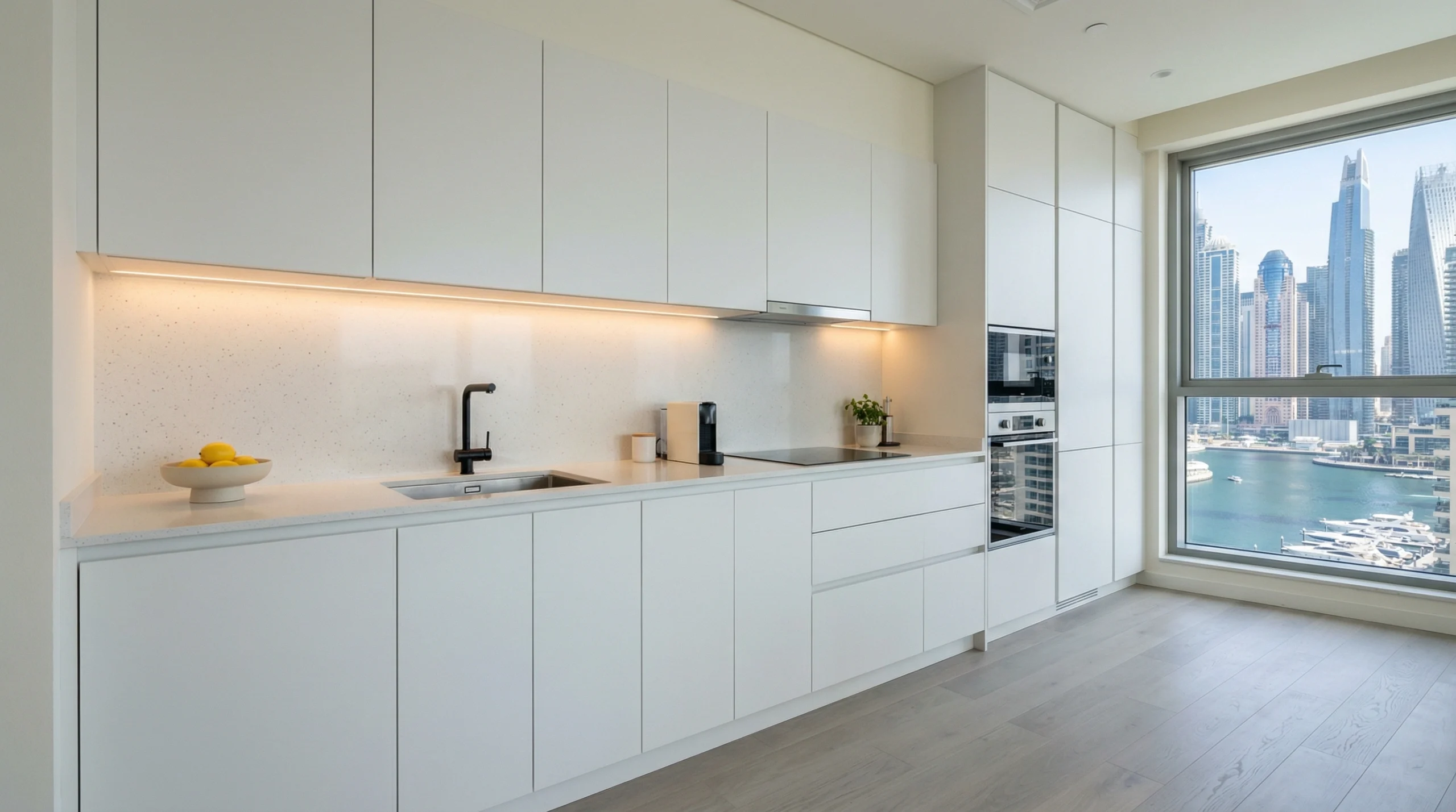 Matte white handleless kitchen cabinets with integrated pantry in Dubai Marina apartment UAE