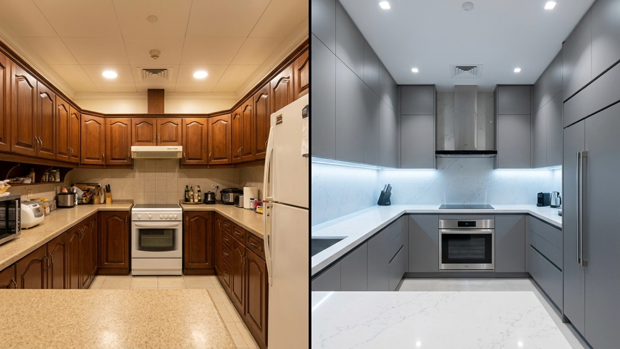 Before and after kitchen cabinet upgrade in Dubai villa UAE