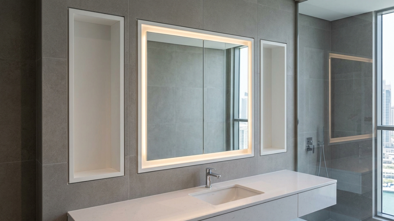 Custom built-in recessed medicine cabinet and side niches in white lacquer with mirror doors in Dubai Marina apartment bathroom