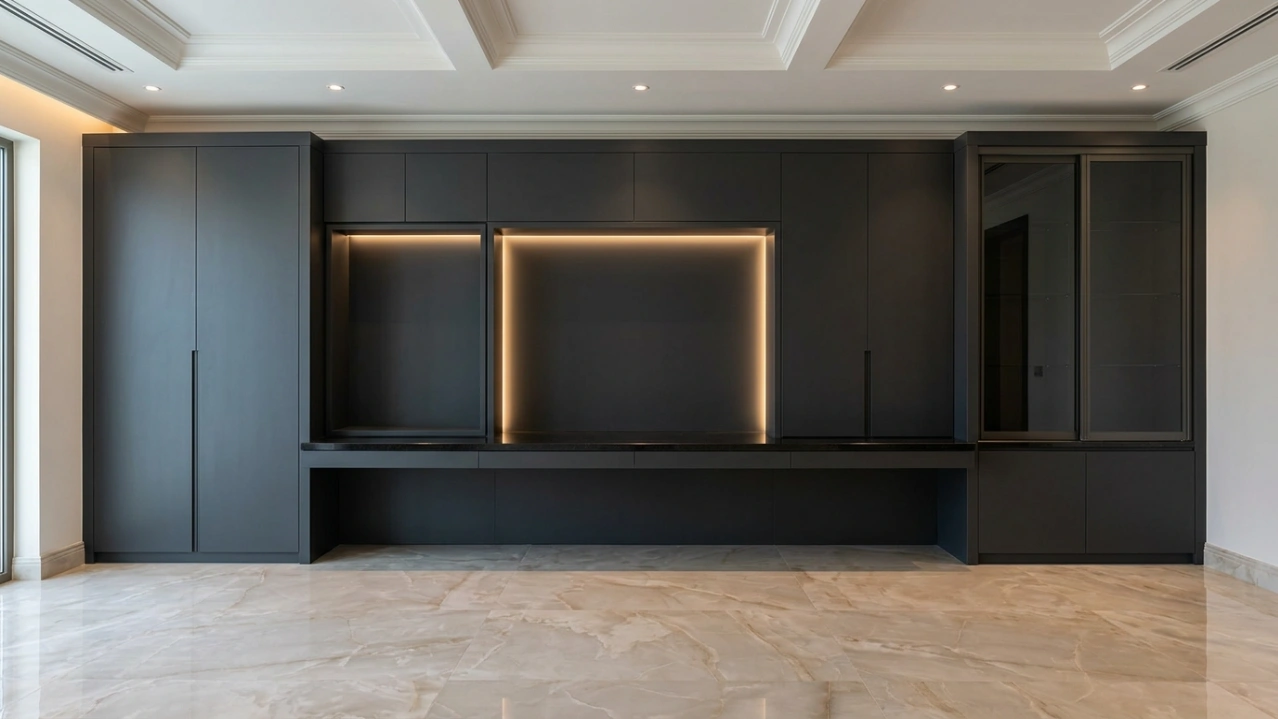 Commanding charcoal lacquer executive home office with black granite worktop and smoked glass bar cabinet in an Emirates Hills Dubai villa by Karnak Carpentry