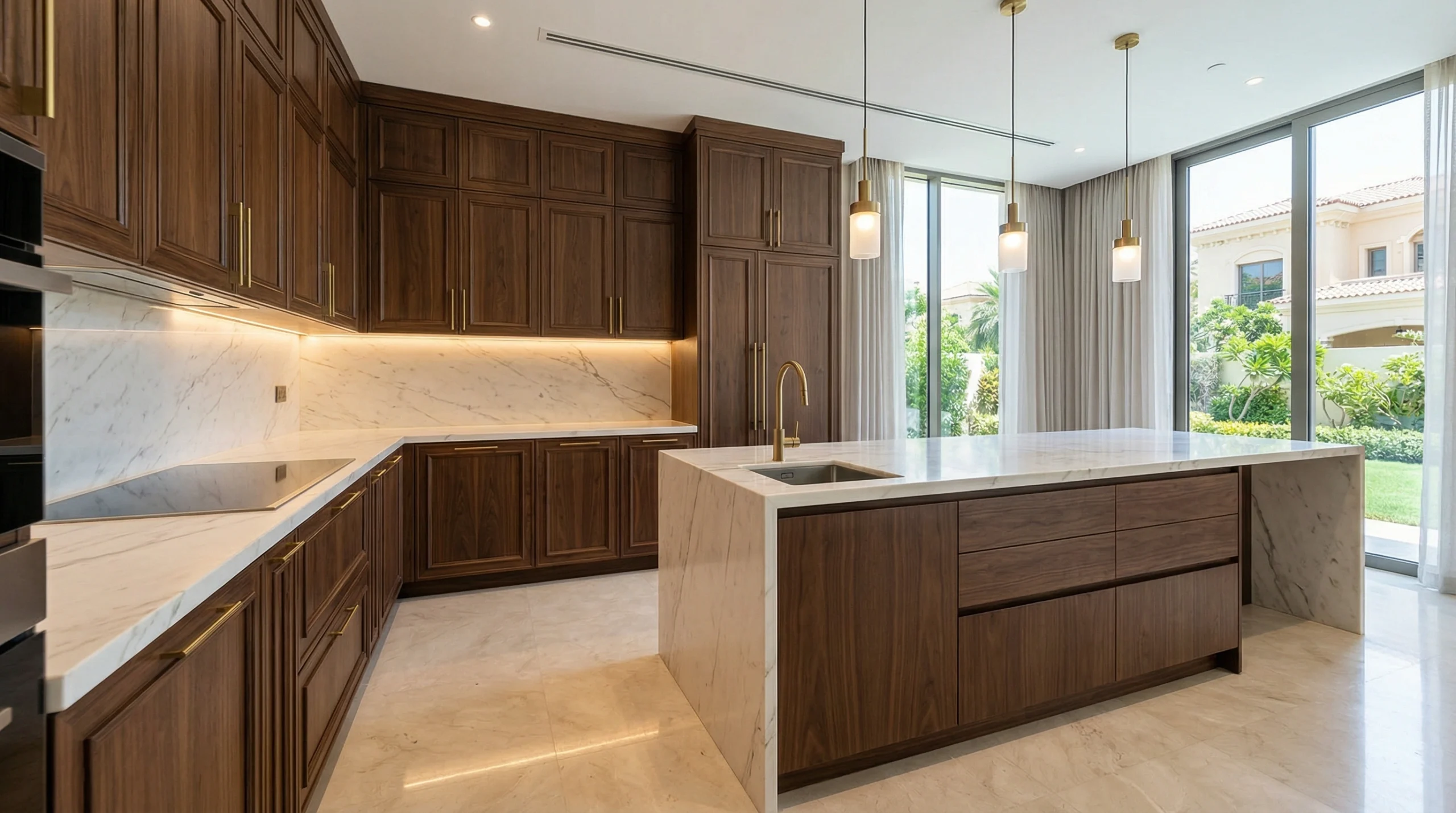 Luxury dark wood kitchen cabinets with brass accents in Emirates Hills UAE