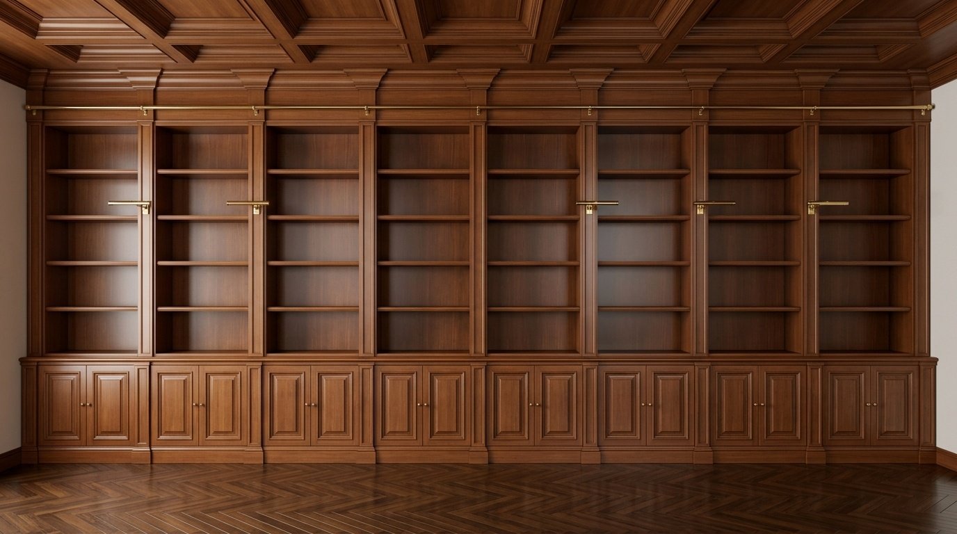 Floor-to-ceiling mahogany fitted library wall with brass rolling ladder and built-in reading lamp brackets in an Emirates Hills majlis by Karnak Carpentry