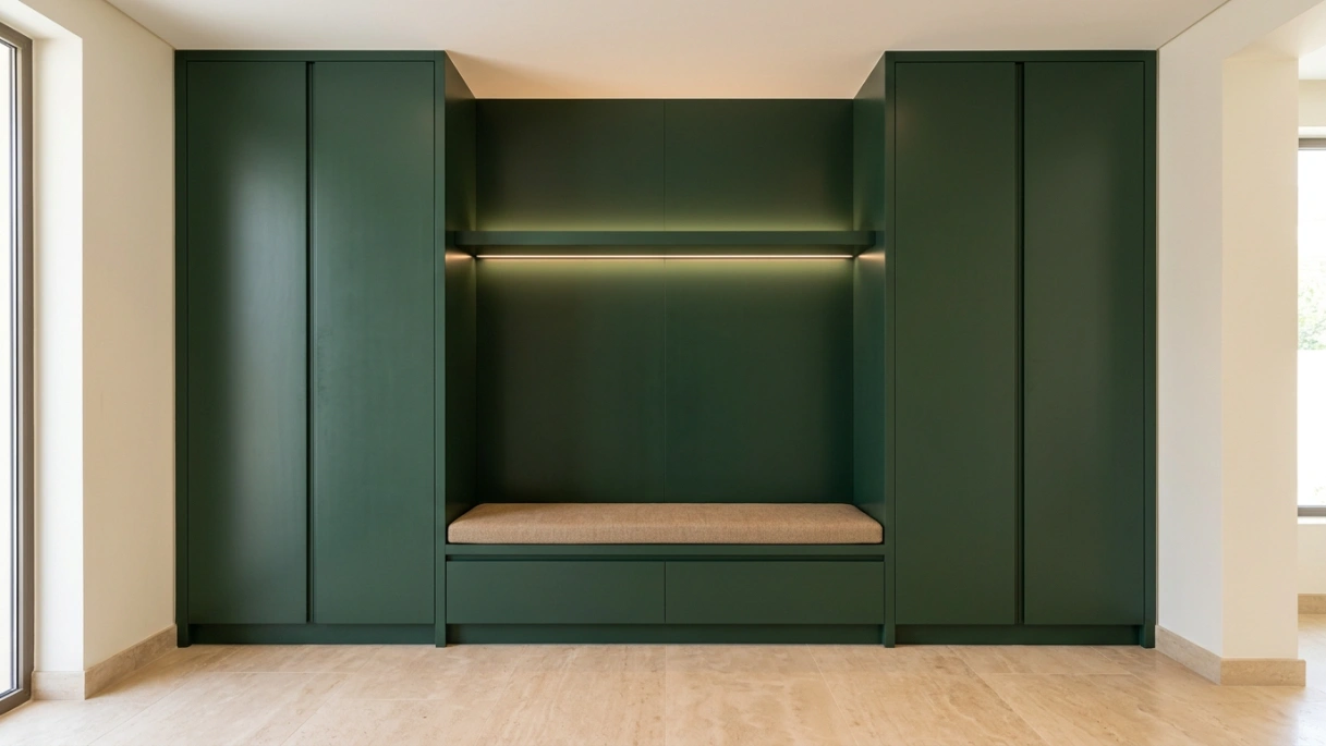 Custom built-in entrance hall feature wall in forest green with bench seat and flanking cabinets in Jumeirah Golf Estates villa