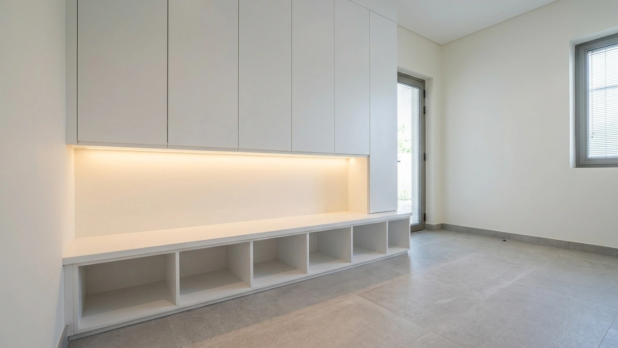 Custom built-in boot room joinery with open shoe cubbies and bench seat in white lacquer in Mudon Dubai villa entry