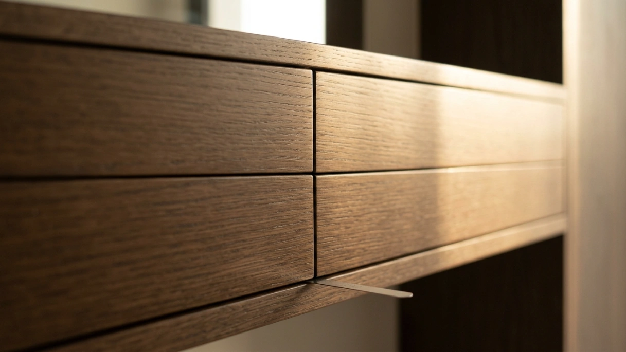 Precision 2mm hairline gap between smoked oak console drawer fronts demonstrating Karnak Carpentry post-installation warranty service in UAE villa