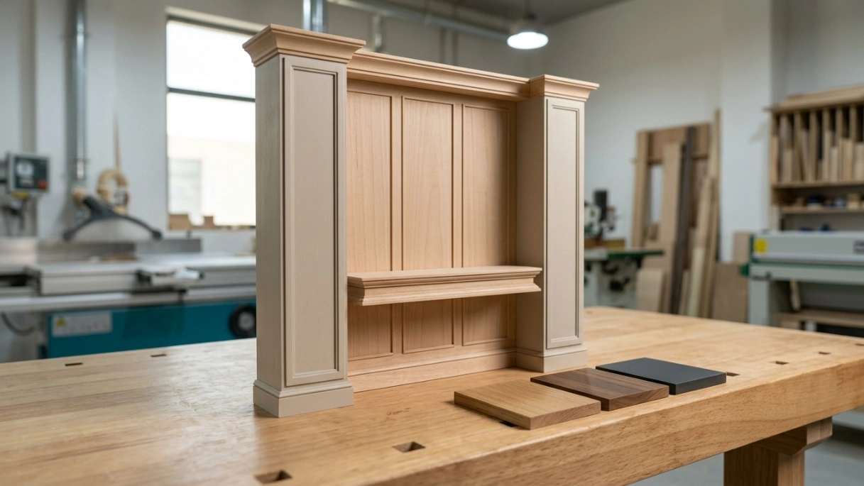 Physical 1:10 scale prototype model of entryway wall paneling and console unit with veneer samples in UAE carpentry studio by Karnak Carpentry