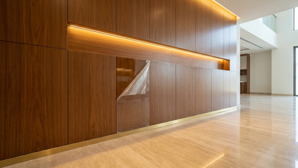 Final finishing stage of UAE villa entryway showing walnut panels, operational LED lighting, and brass threshold strip during site cleanup by Karnak Carpentry