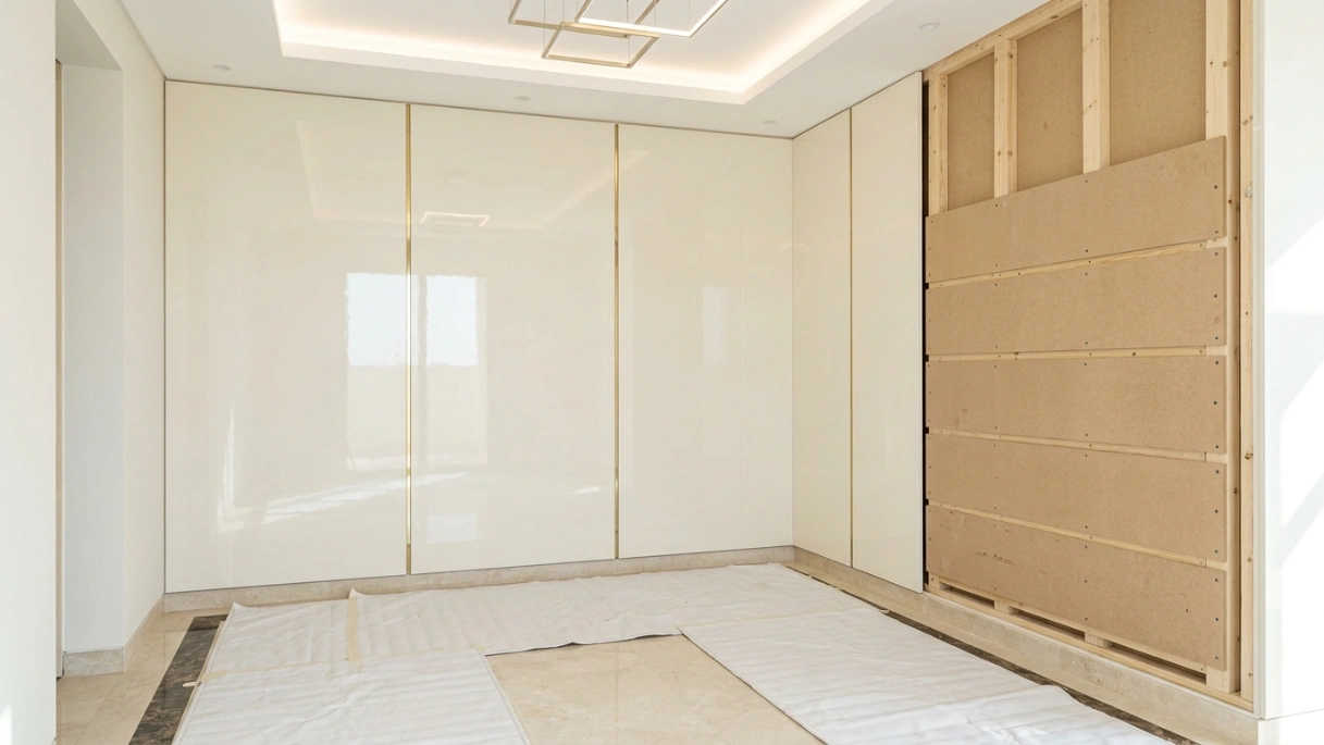 Mid-installation entryway showing completed ivory lacquer wall panels alongside raw timber battening substrate in a UAE villa by Karnak Carpentry
