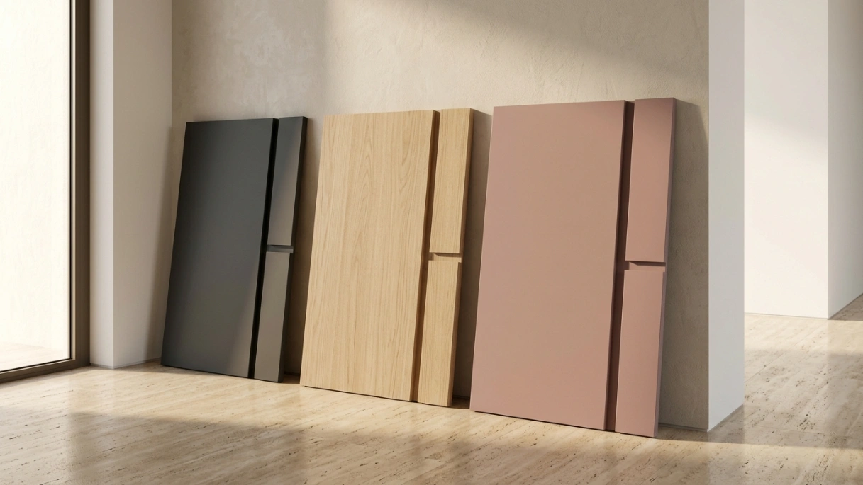 Three wall panel sample boards in charcoal, ash veneer, and dusty rose propped for client review in a UAE