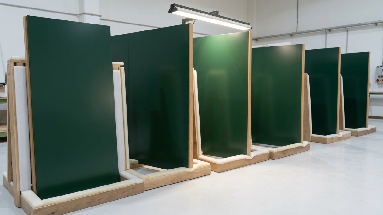 Forest green lacquered entryway wall panels staged on padded cradles during quality control in a UAE carpentry workshop by Karnak Carpentry